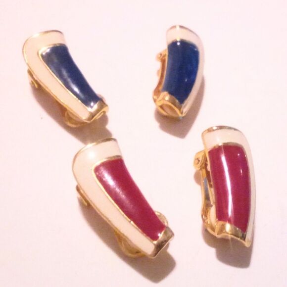 Two Pair of Red White and Blue Enamel Clip Earrings - Picture 3 of 4